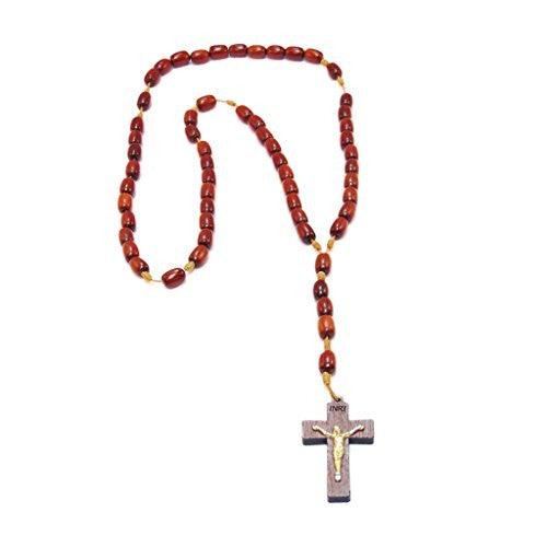 Cherry Wood Rosary Necklace with Beige Cord - Cherry Wood Rosary Necklace with Beige Cord